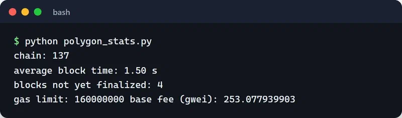 Output of python polygon_stats.py: chain 137, average block time 1.50 s, 4 blocks not yet finalized, gas limit 160000000