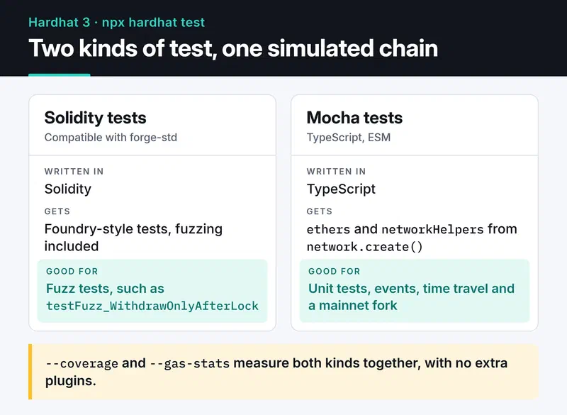 Solidity tests (forge-std, fuzzing) and Mocha tests (ethers and networkHelpers from network.create()) run on one simulated chain
