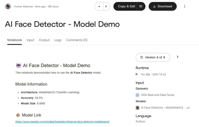 The AI Face Detector Model Demo notebook on Kaggle, with a GPU T4 x2 runtime and the 140k dataset and MobileNetV2 model attached as inputs