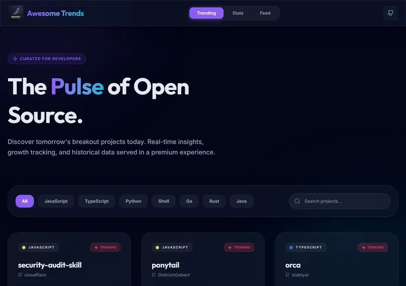 The live awesome-trending-repos site: Trending, Stats and Feed tabs, language filters, a search box and repo cards
