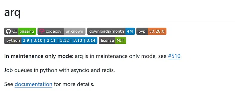 Arq's GitHub README: an In maintenance only mode notice under the title, linking to issue #510
