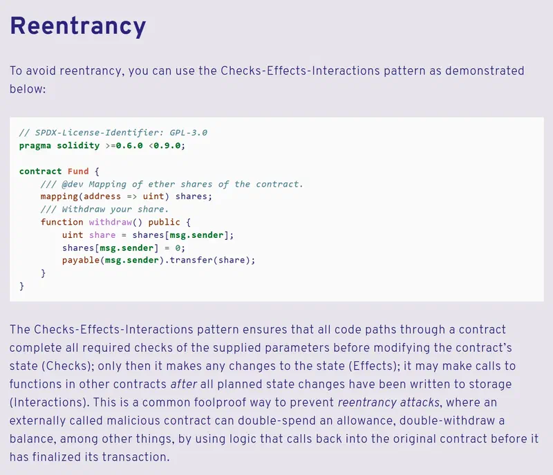 The Reentrancy section of the Solidity docs: a Checks-Effects-Interactions example that zeroes the balance before transferring, with its explanation