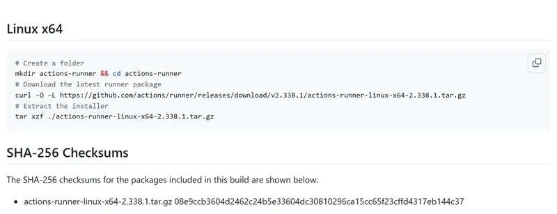 actions/runner 2.338.1 release notes: the Linux x64 install commands and the package's SHA-256 checksum