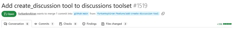 Header of github-mcp-server PR #1519: Open, 1 commit, 3 files changed, +336 lines