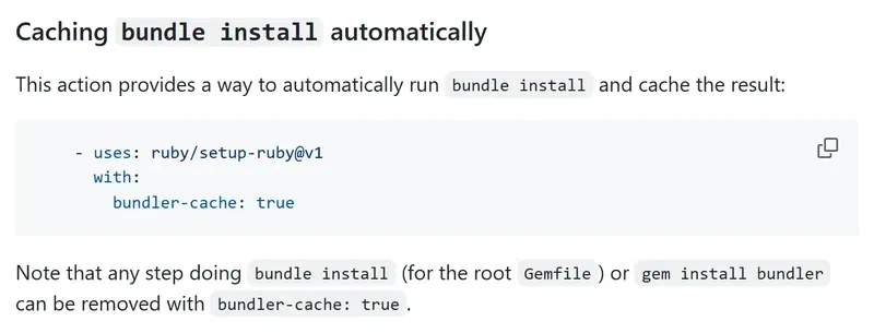The ruby/setup-ruby README section showing bundler-cache: true, which runs bundle install and caches the result