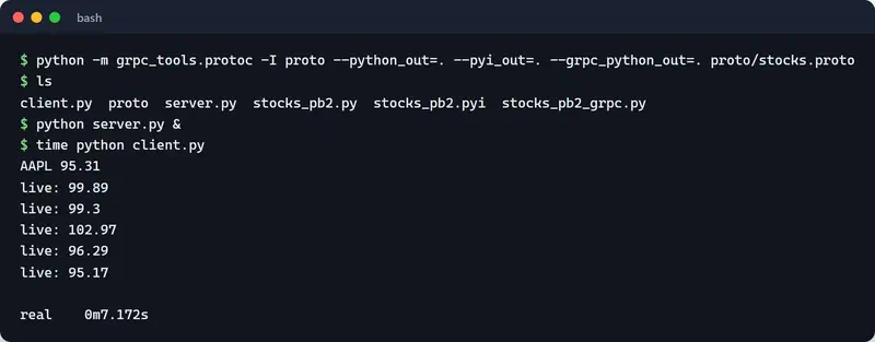 Terminal showing protoc code generation, then client.py printing one AAPL price and five live prices in about 7 seconds