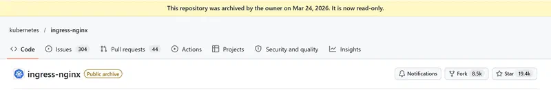 The kubernetes/ingress-nginx repository on GitHub with the yellow archive banner, marked read-only and labeled Public archive