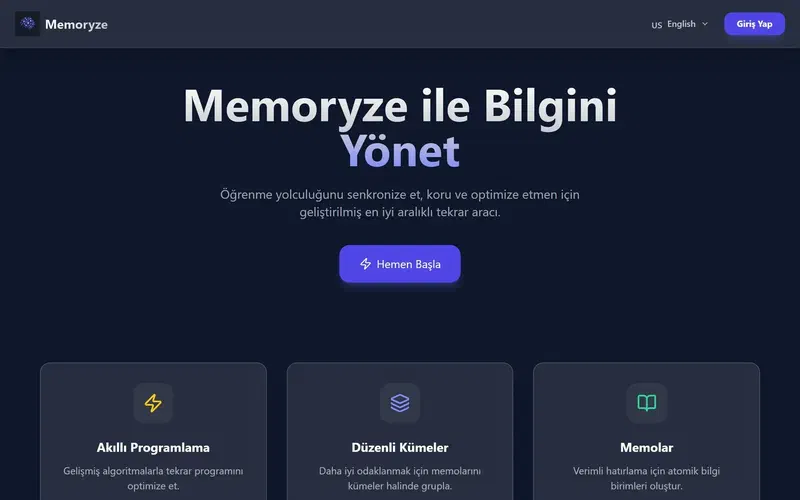Memoryze landing page with its dark UI, a Get Started button and feature cards, shown here in the Turkish locale
