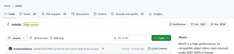 Header of the minio/minio GitHub repository: Public archive badge, 61.3k stars and a last commit clarifying the state of the project