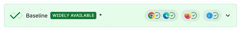 MDN's Baseline badge on the @container page: widely available, supported in Chrome, Edge, Firefox and Safari