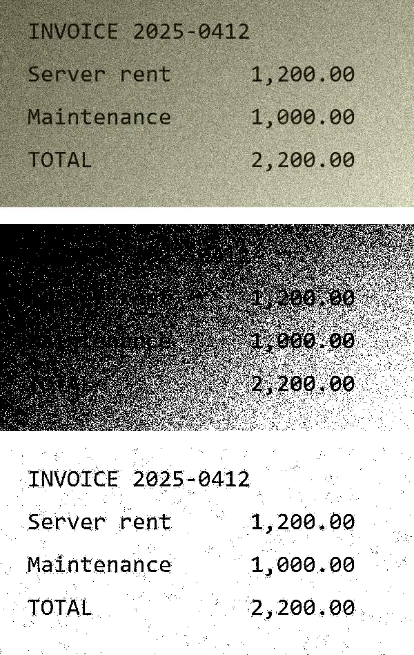 Three panels: a shaded, noisy sample invoice, the Otsu result with its left half lost in black, and the clean adaptive-threshold result
