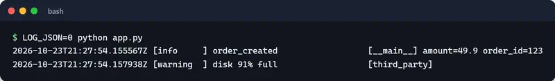 app.py run with LOG_JSON=0: order_created and disk 91% full printed as aligned console lines with timestamp, level and logger name