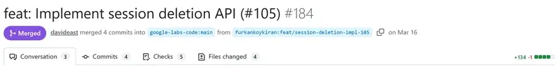 Header of jules-sdk PR #184: merged by davideast, four commits, +134 −1