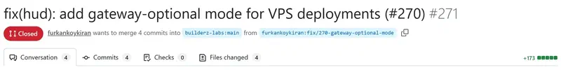 Header of mission-control PR #271: closed, four commits from the fix/270-gateway-optional-mode branch, +173