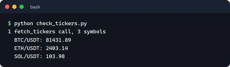 Output of check_tickers.py: one fetch_tickers call returns the last prices for BTC/USDT, ETH/USDT and SOL/USDT